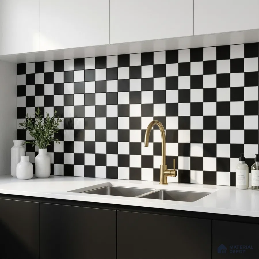 Modern kitchen with black-and-white checkerboard backsplash tile and white quartz countertop