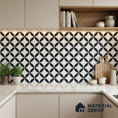 Modern kitchen with black-and-white geometric backsplash tile and white marble countertop