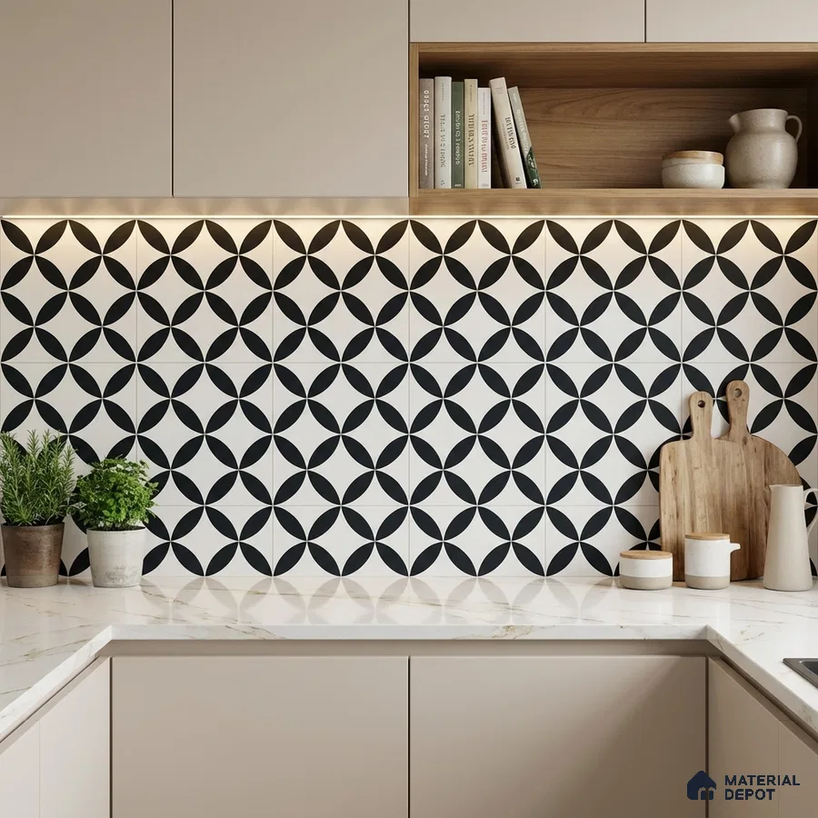 Modern kitchen with black-and-white geometric backsplash tile and white marble countertop