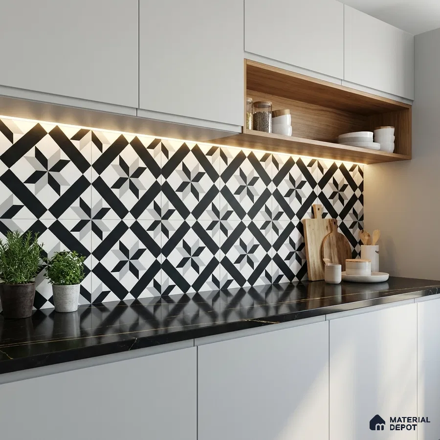 Modern kitchen with black-and-white geometric backsplash tiles and matte white laminate cabinets