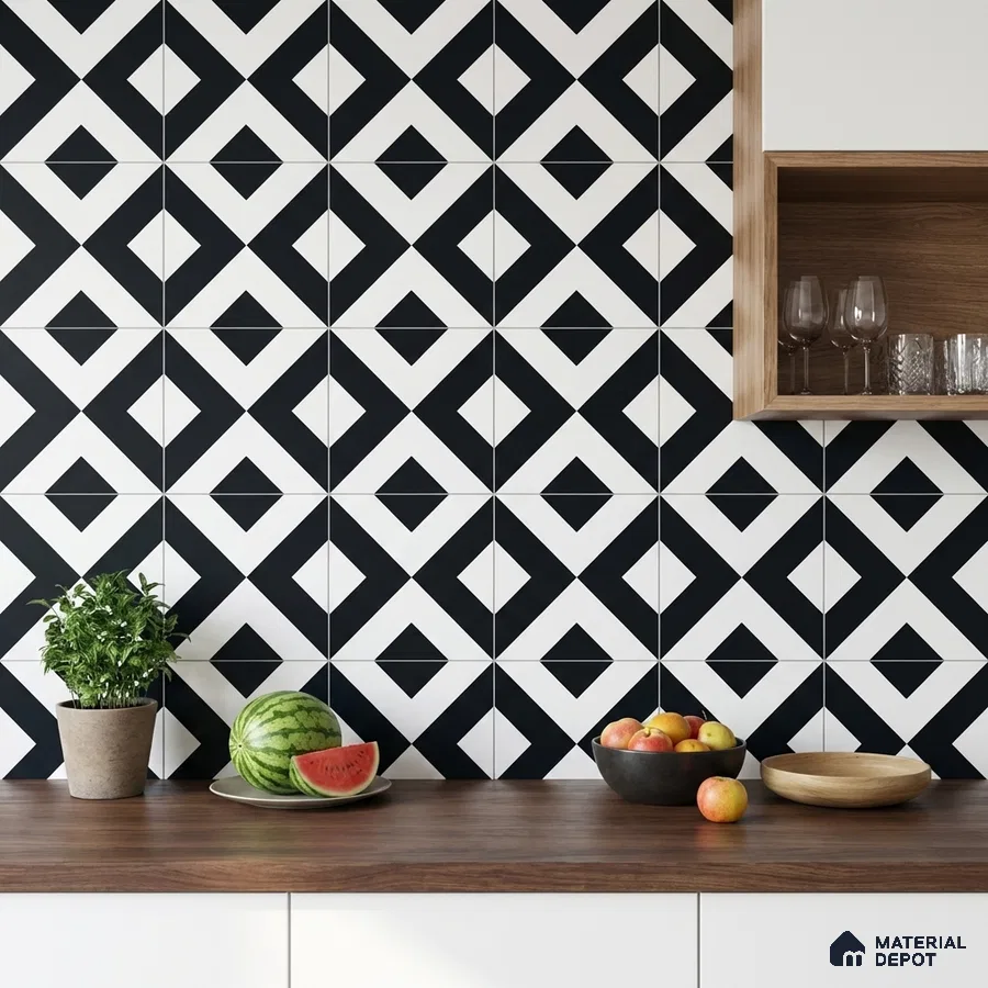 Modern kitchen with black-and-white geometric backsplash tiles and walnut wood countertop