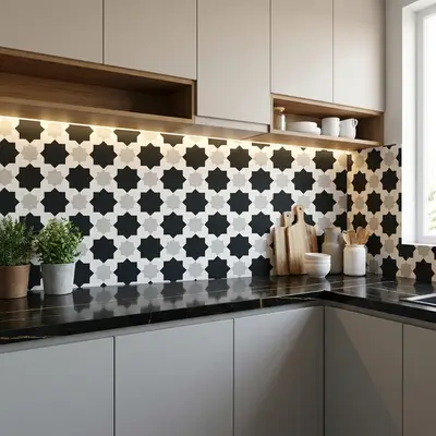 Modern kitchen with black-and-white geometric moroccan backsplash tile and matte black marble countertop