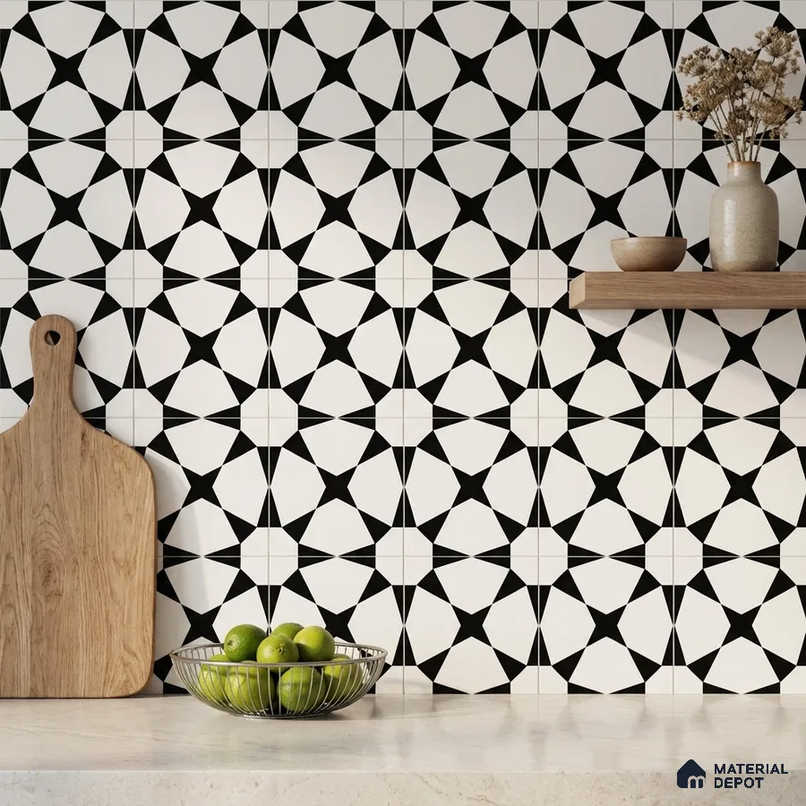 Modern kitchen with black-and-white geometric patterned wall tiles and light beige quartz countertop