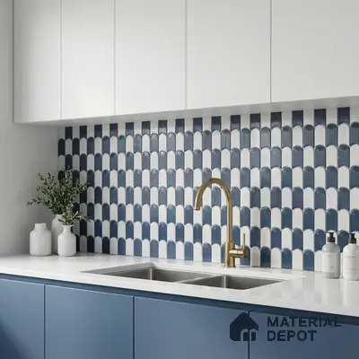 Modern kitchen with blue and white arch pattern backsplash tile and matte blue laminate cabinets