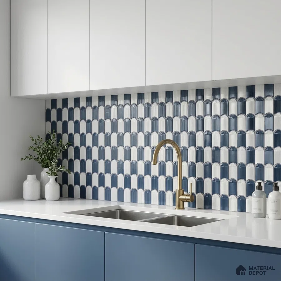 Modern kitchen with blue and white arch pattern backsplash tile and matte blue laminate cabinets