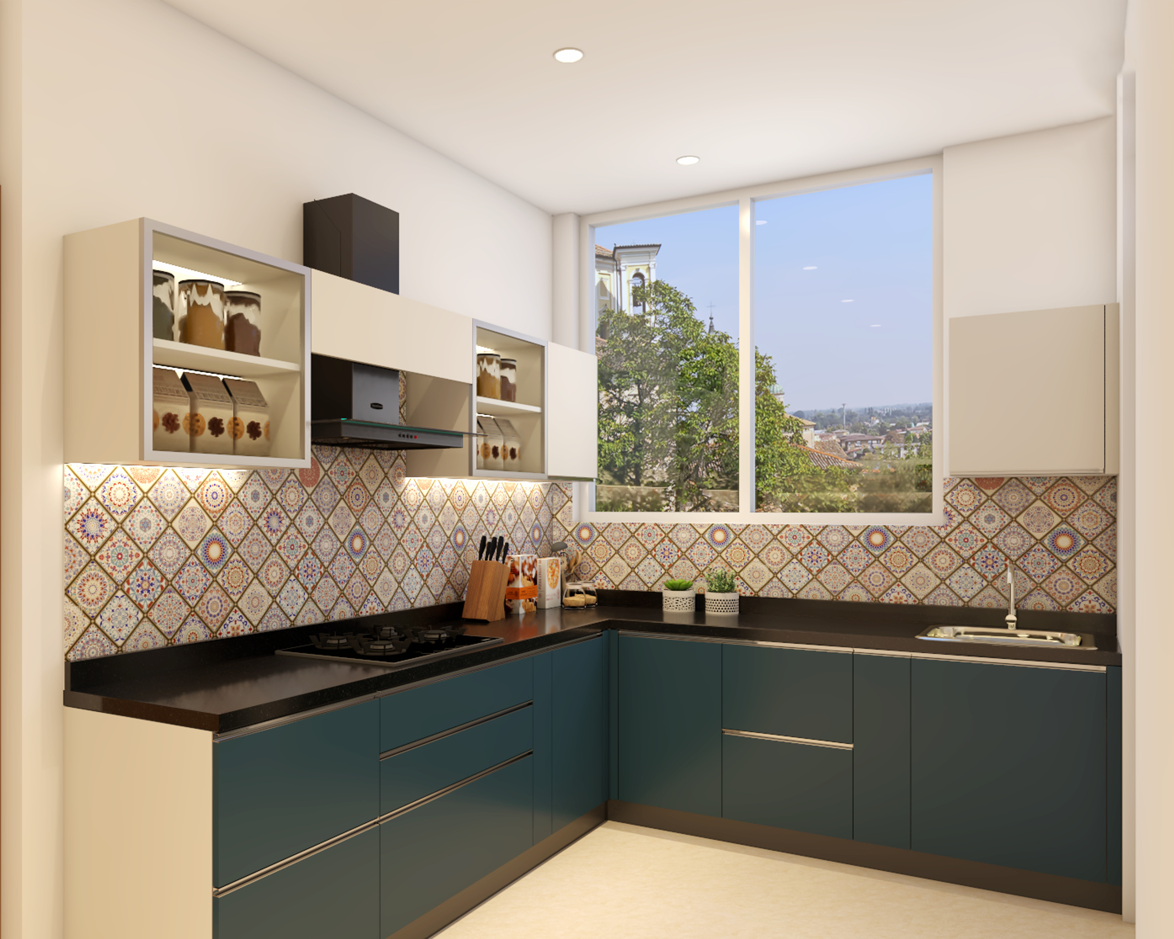 Modern kitchen with blue and white laminate cabinets, black countertop, and moroccan patterned backsplash tiles in Bengaluru | Material Depot