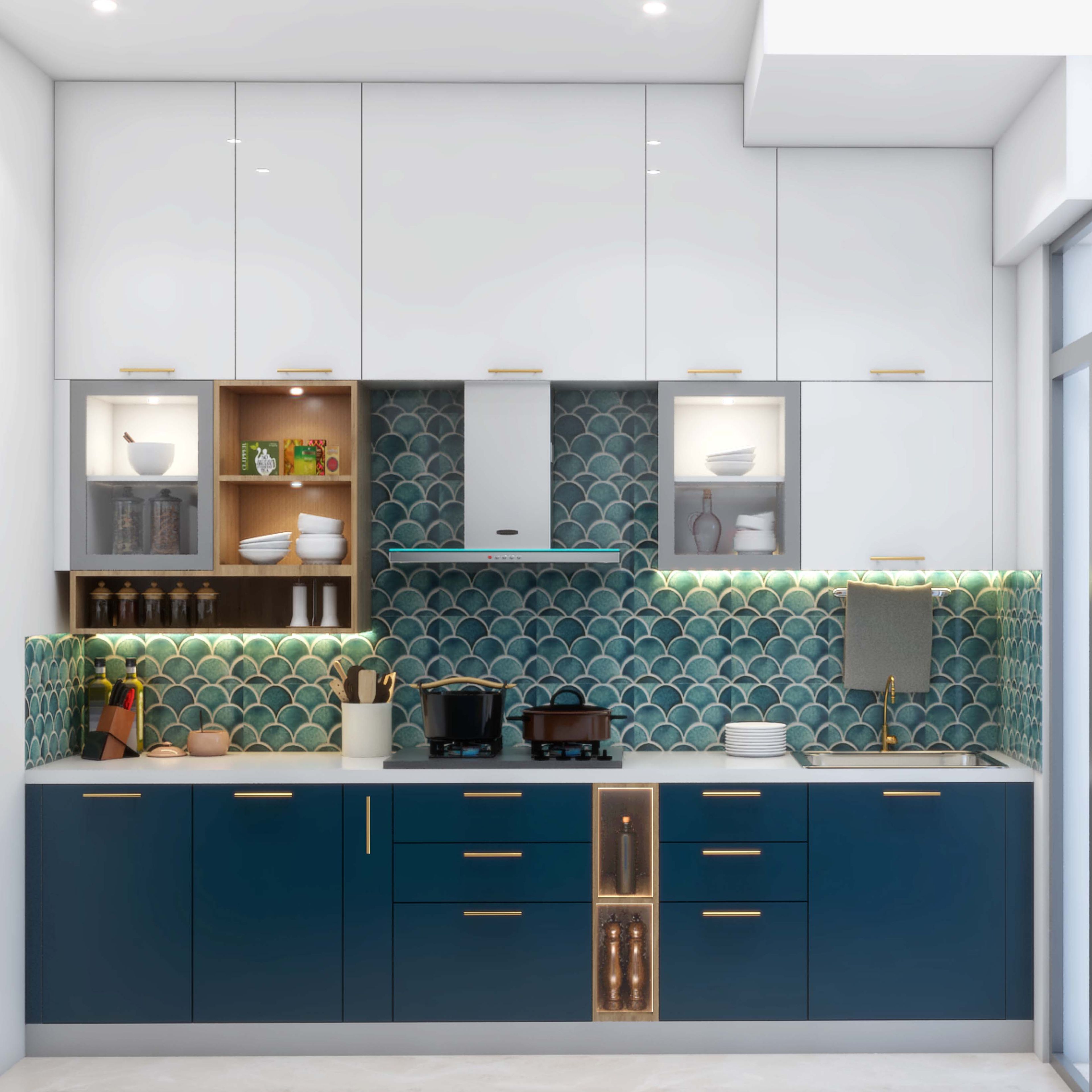 Modern kitchen with blue and white laminate, fish scale teal backsplash tile, and white quartz countertop in Bengaluru | Material Depot