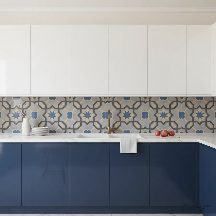 Modern kitchen with blue and white laminate, geometric moroccan backsplash tile, and white quartz countertop in Bengaluru