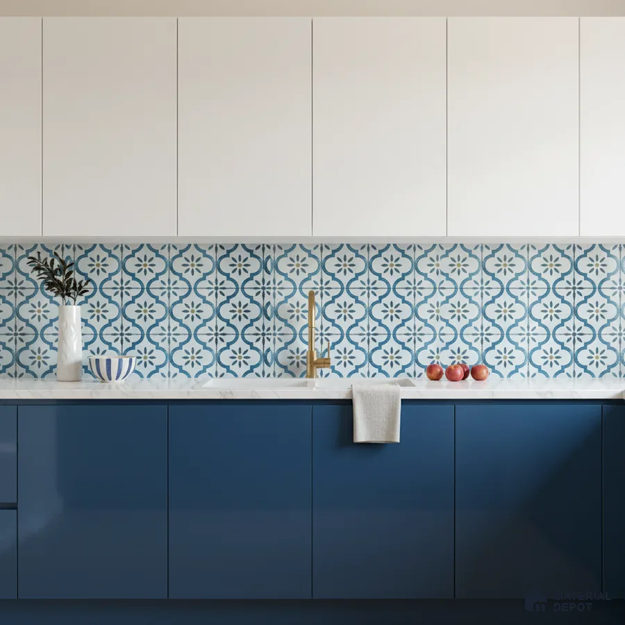 Modern kitchen with blue and white laminate, patterned blue moroccan backsplash tile, and white quartz countertop in Bengaluru