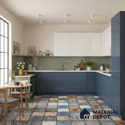 Modern kitchen with blue and white laminate, sage green subway tile backsplash, and patterned moroccan floor tiles in Bengaluru