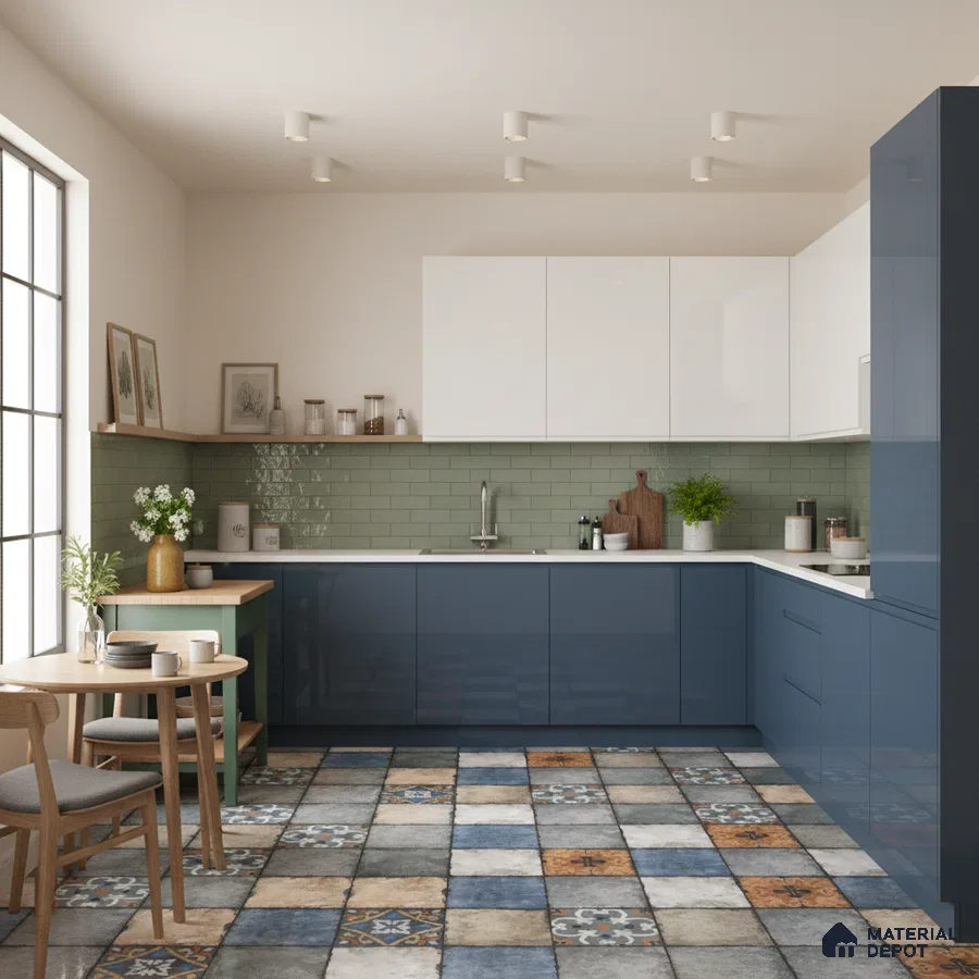 Modern kitchen with blue and white laminate, sage green subway tile backsplash, and patterned moroccan floor tiles in Bengaluru