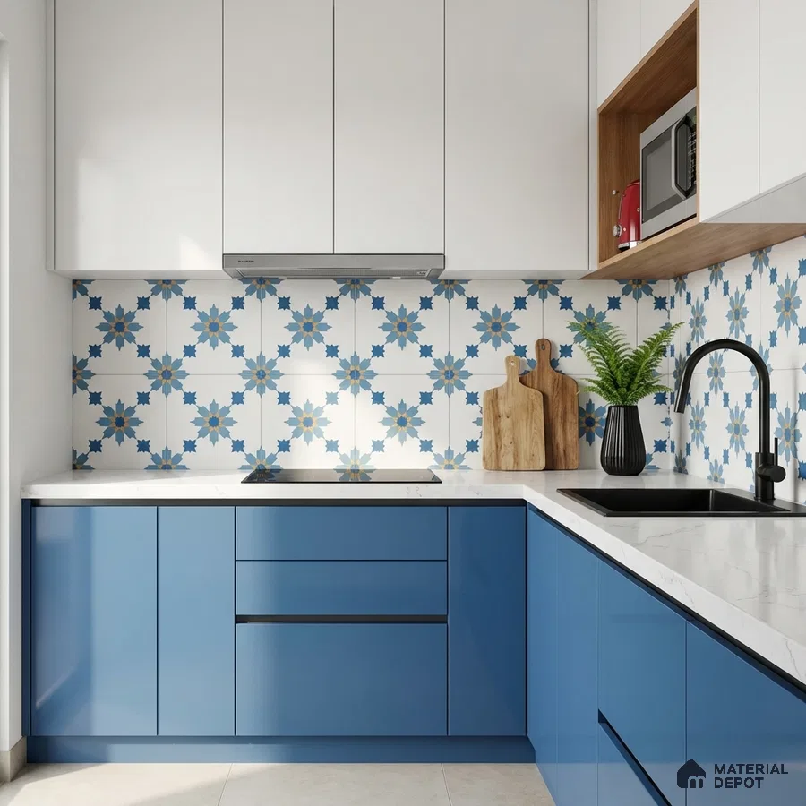 Modern kitchen with blue and white laminate, white quartz countertop, and blue geometric patterned backsplash tiles