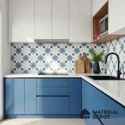 Modern kitchen with blue and white laminate, white quartz countertop, and blue geometric patterned backsplash tiles