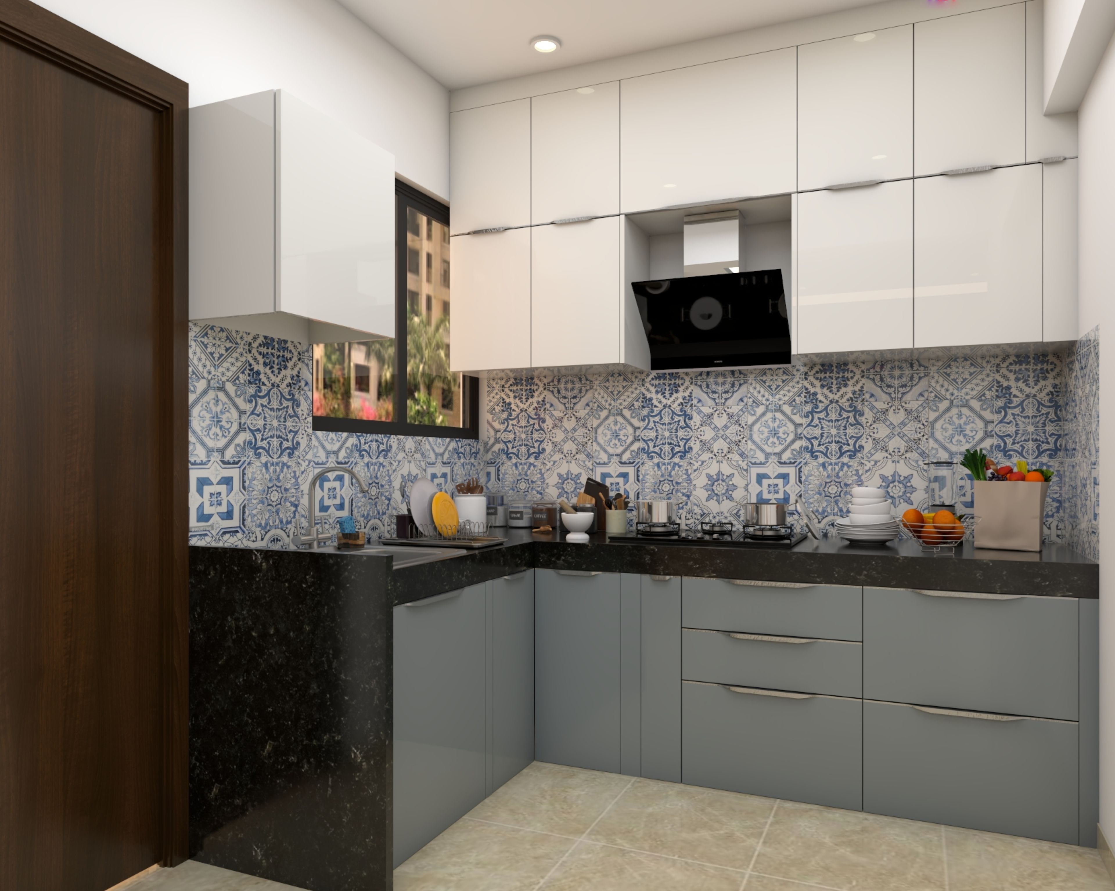 Modern kitchen with blue and white moroccan backsplash tile, glossy white and grey laminate cabinets, and black granite countertop in Bengaluru | Material Depot