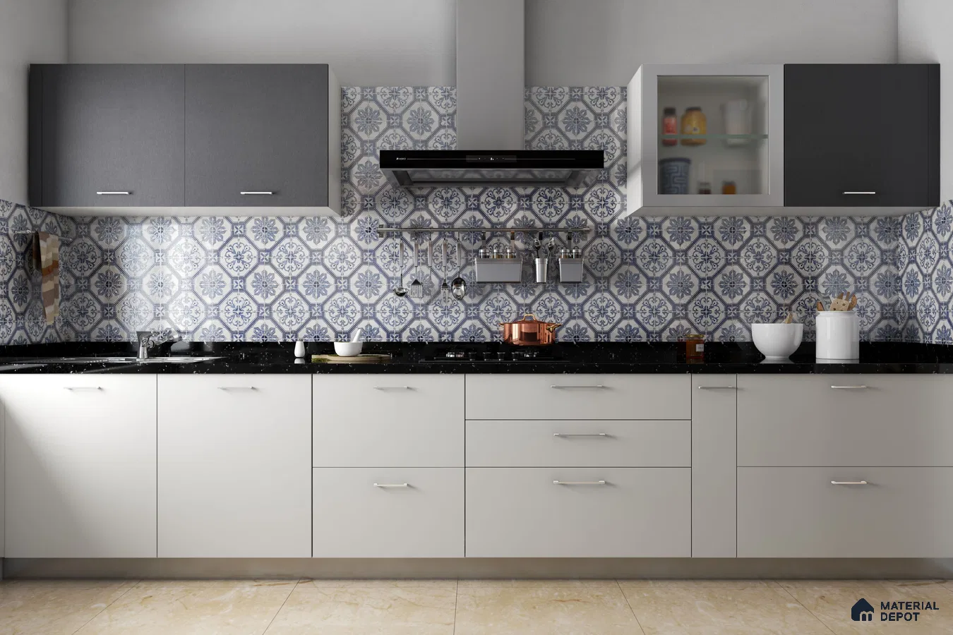 Modern kitchen with blue and white moroccan backsplash tiles, grey and white laminate cabinets, and black granite countertop in Bengaluru | Material Depot