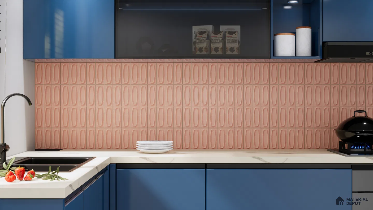 Modern Kitchen with Blue Cabinets and Coral Moroccan Backsplash | Material Depot