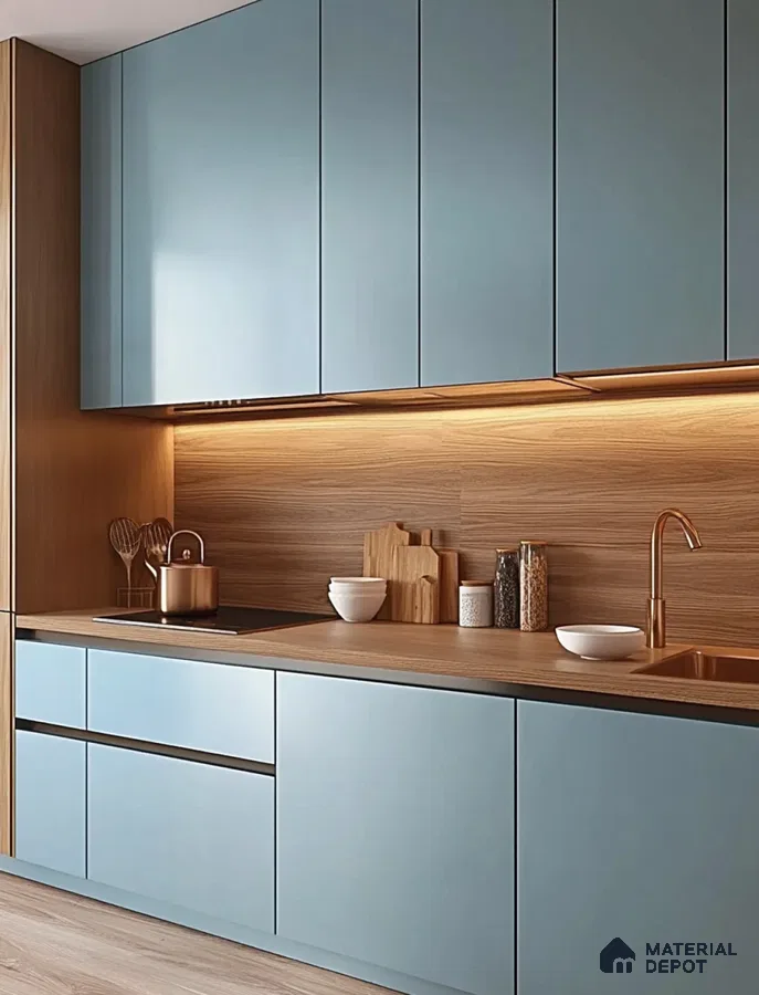Modern Kitchen with Warm Earth Tones and Velvet Accents | Material Depot