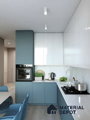 Modern Kitchen With Blue Cabinets And White Countertops | Material Depot