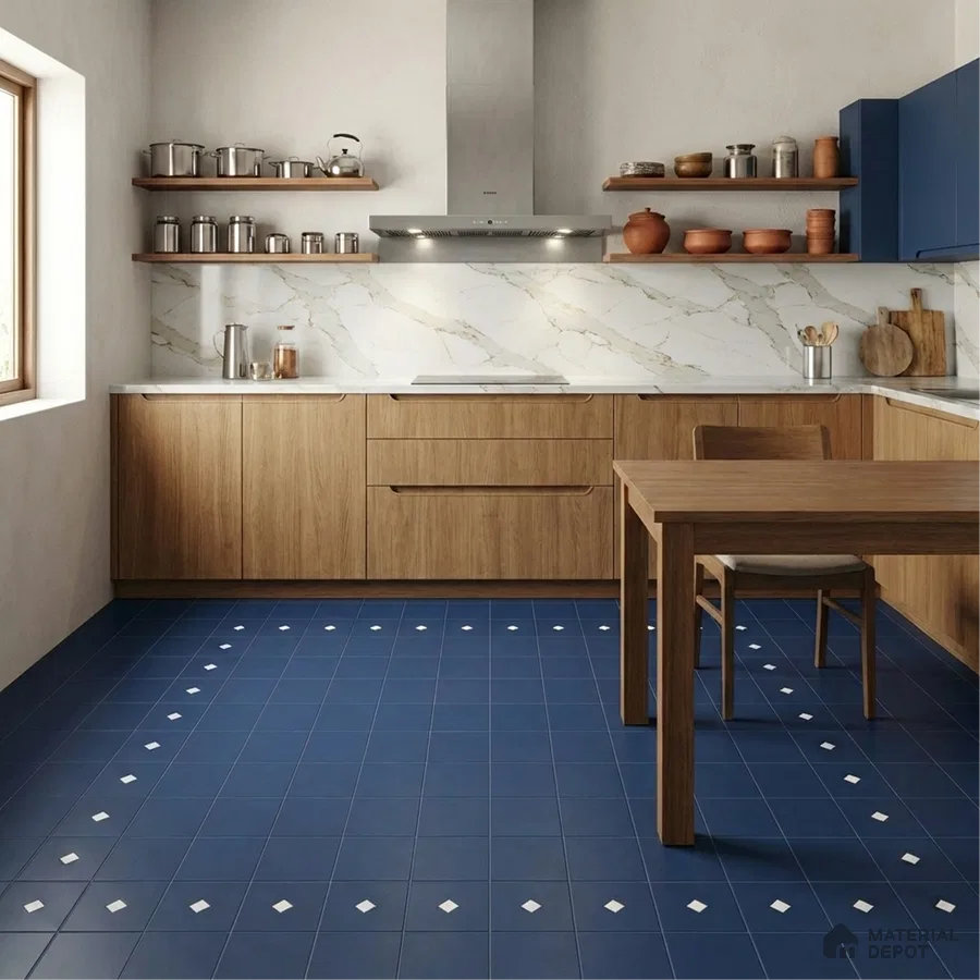 Modern kitchen with blue floor tiles, oak wood laminate cabinets, and marble-look backsplash
