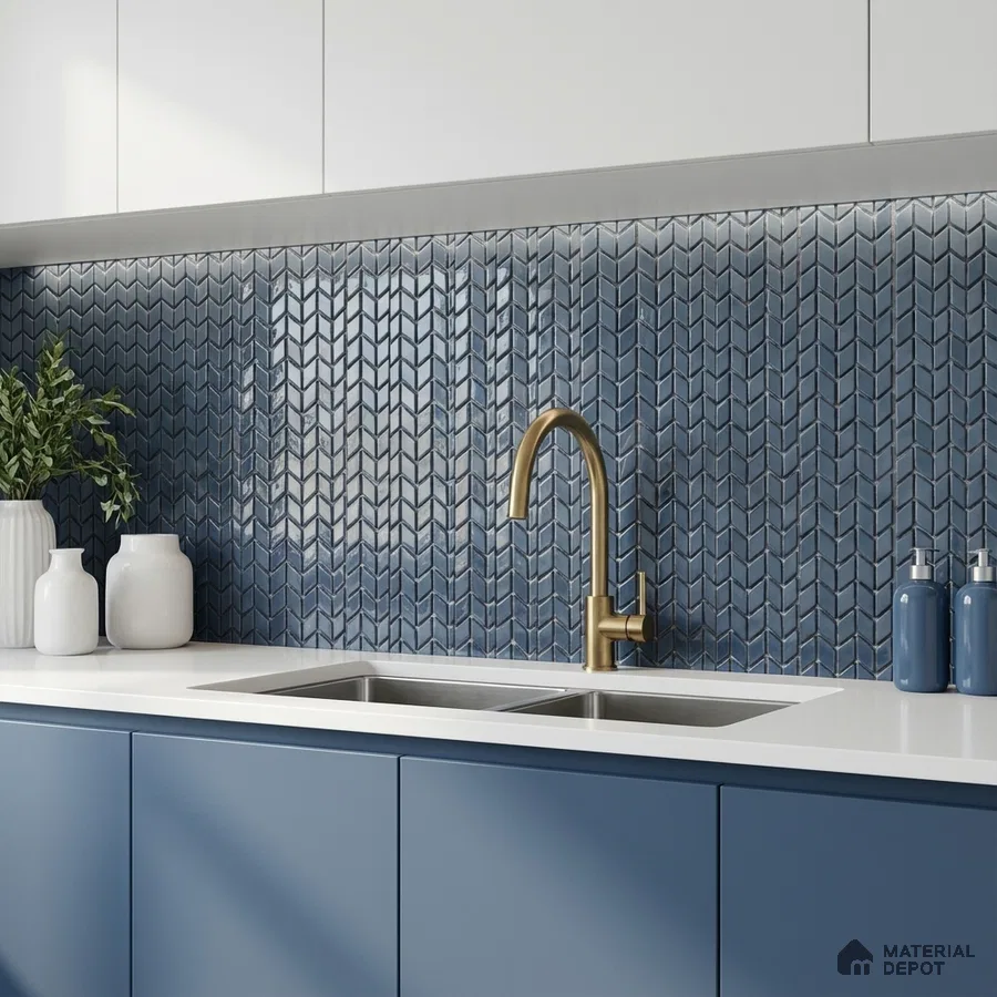 Modern kitchen with blue geometric backsplash tile, matte blue laminate cabinets, and white quartz countertop