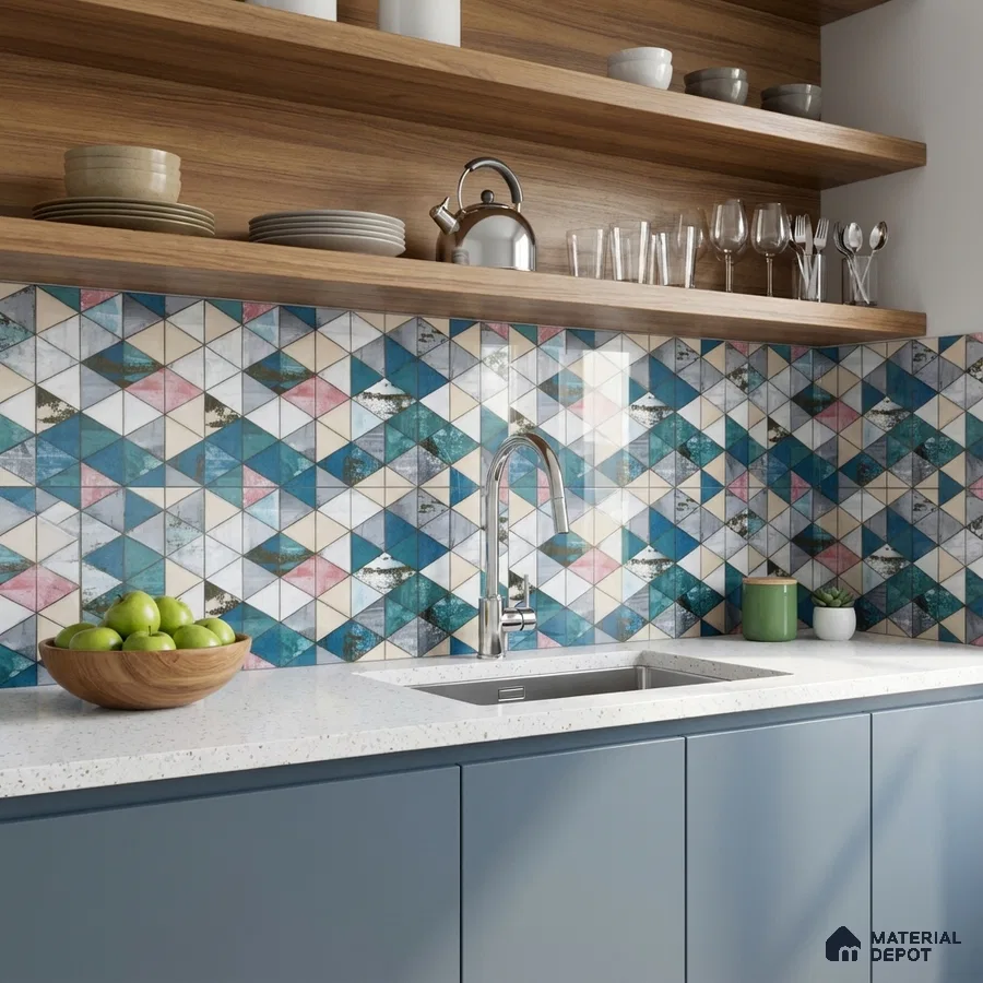 Modern kitchen with blue geometric patterned backsplash tile, terrazzo countertop, and matte blue laminate cabinets