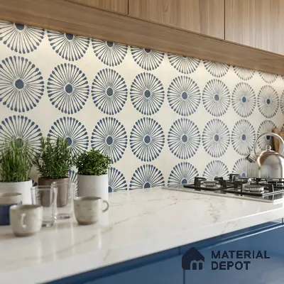 Modern kitchen with blue geometric patterned backsplash tile, white marble-look quartz countertop, and walnut wood laminate cabinets