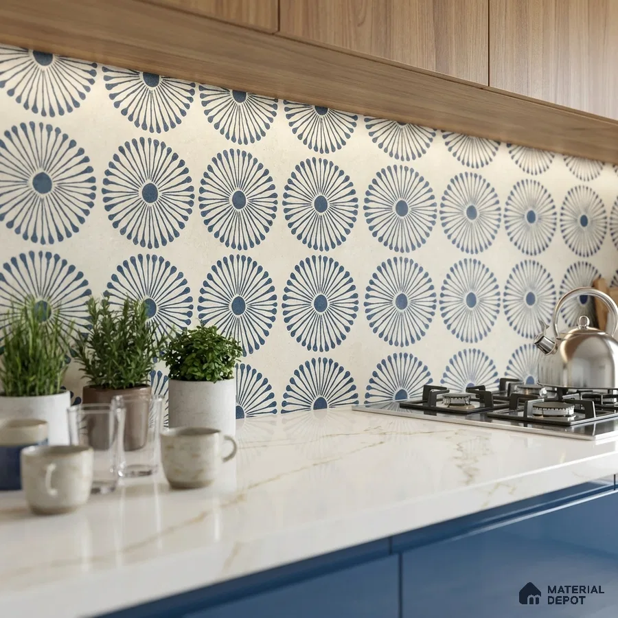 Modern kitchen with blue geometric patterned backsplash tile, white marble-look quartz countertop, and walnut wood laminate cabinets