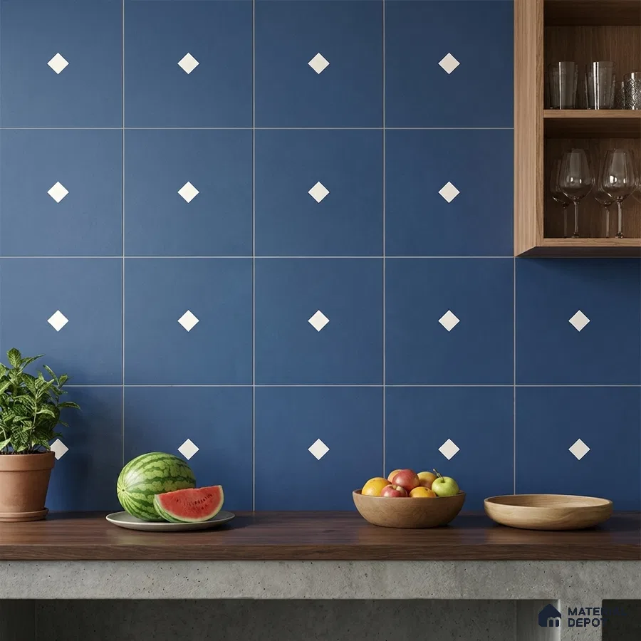Modern kitchen with blue geometric wall tiles and walnut wood countertop