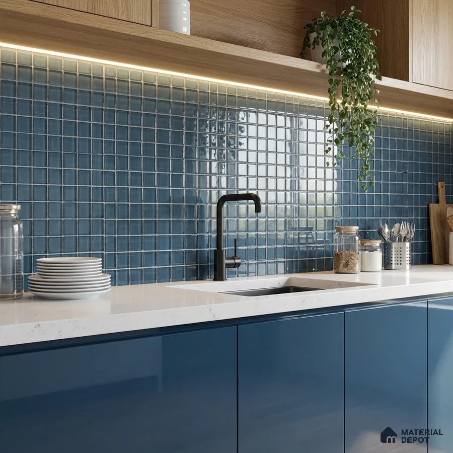 Modern kitchen with blue glossy laminate cabinets, white quartz countertop, and blue mosaic backsplash tiles