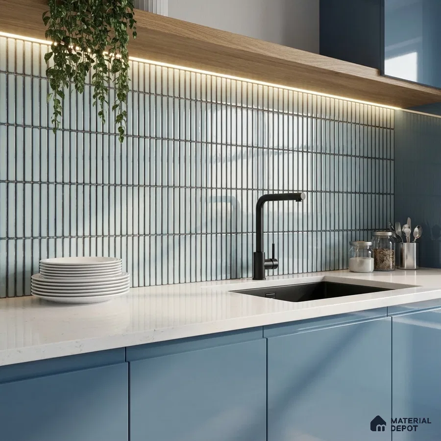 Modern kitchen with blue glossy laminate cabinets, white quartz countertop, and vertical kitkat blue backsplash tiles