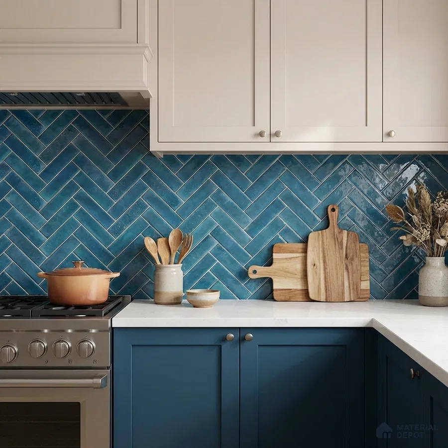 Modern kitchen with blue herringbone subway tile backsplash and dual tone laminate cabinets