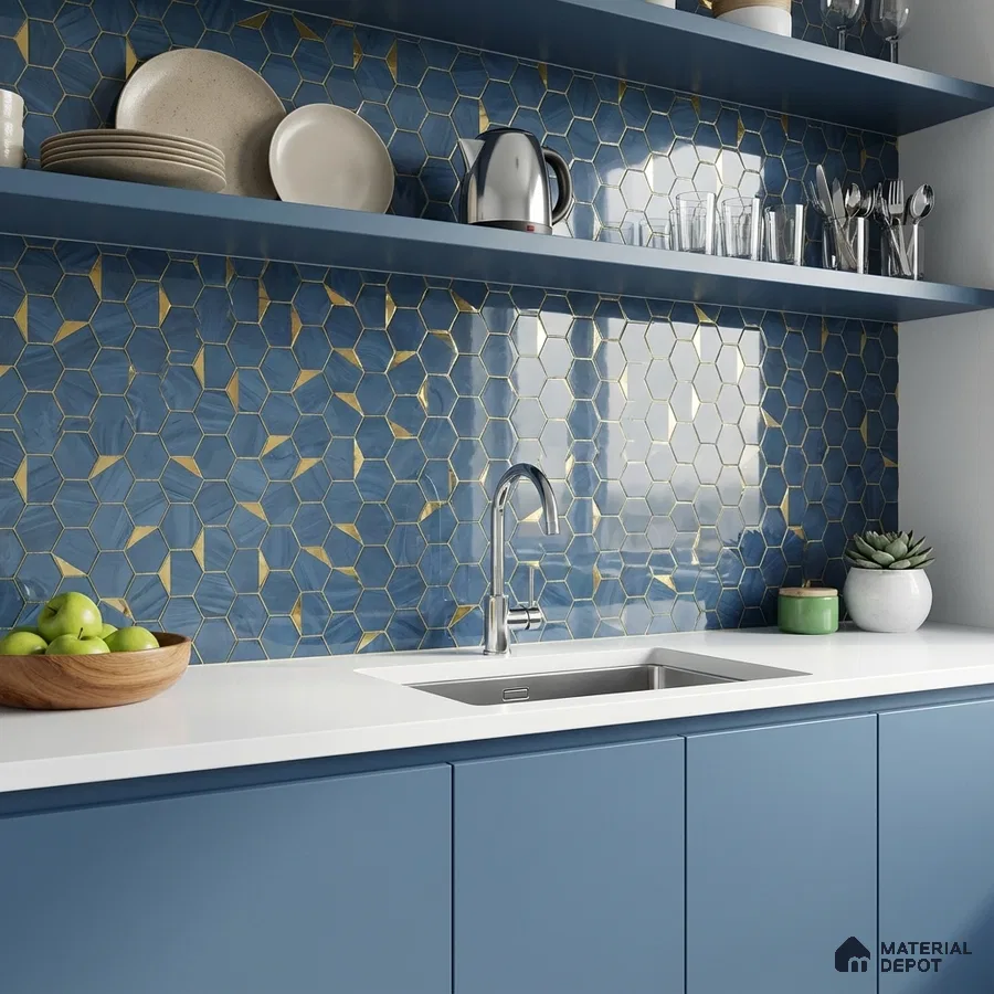 Modern kitchen with blue hexagonal geometric backsplash tile and matte blue laminate cabinets