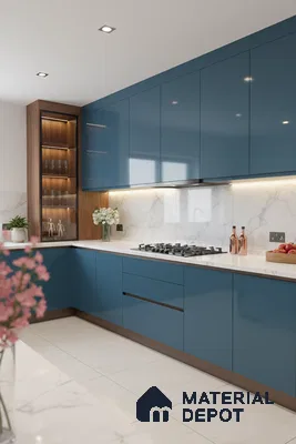 Modern kitchen with blue high gloss laminate cabinets, white marble backsplash, and white quartz countertop in Bengaluru