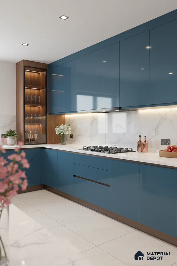 Modern kitchen with blue high gloss laminate cabinets, white marble backsplash, and white quartz countertop in Bengaluru
