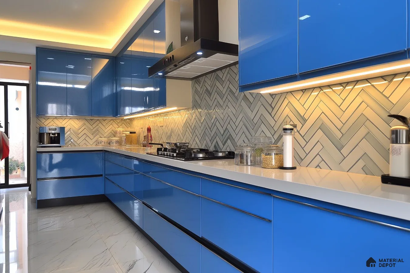 Modern kitchen with blue high gloss laminate cabinets, white quartz countertop, and herringbone subway tile backsplash in Bengaluru | Material Depot