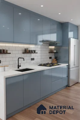Modern kitchen with blue high gloss laminate cabinets, white quartz countertop, and subway backsplash tiles in Bengaluru