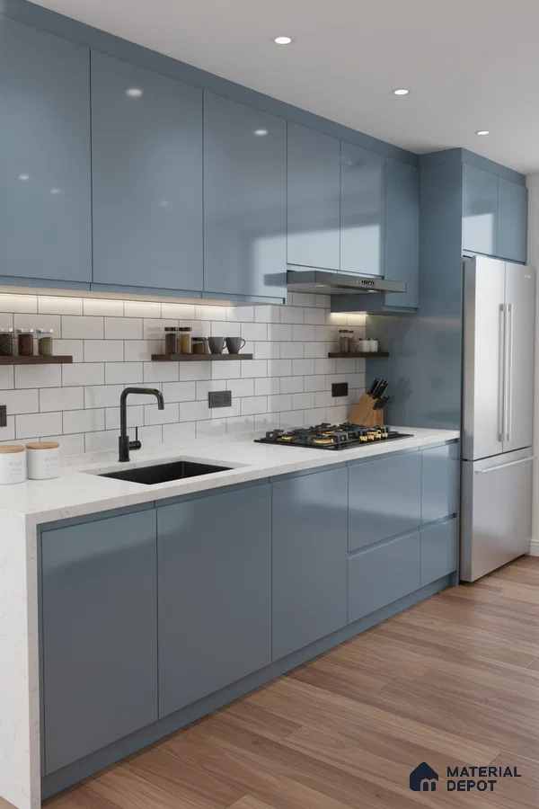 Modern kitchen with blue high gloss laminate cabinets, white quartz countertop, and subway backsplash tiles in Bengaluru