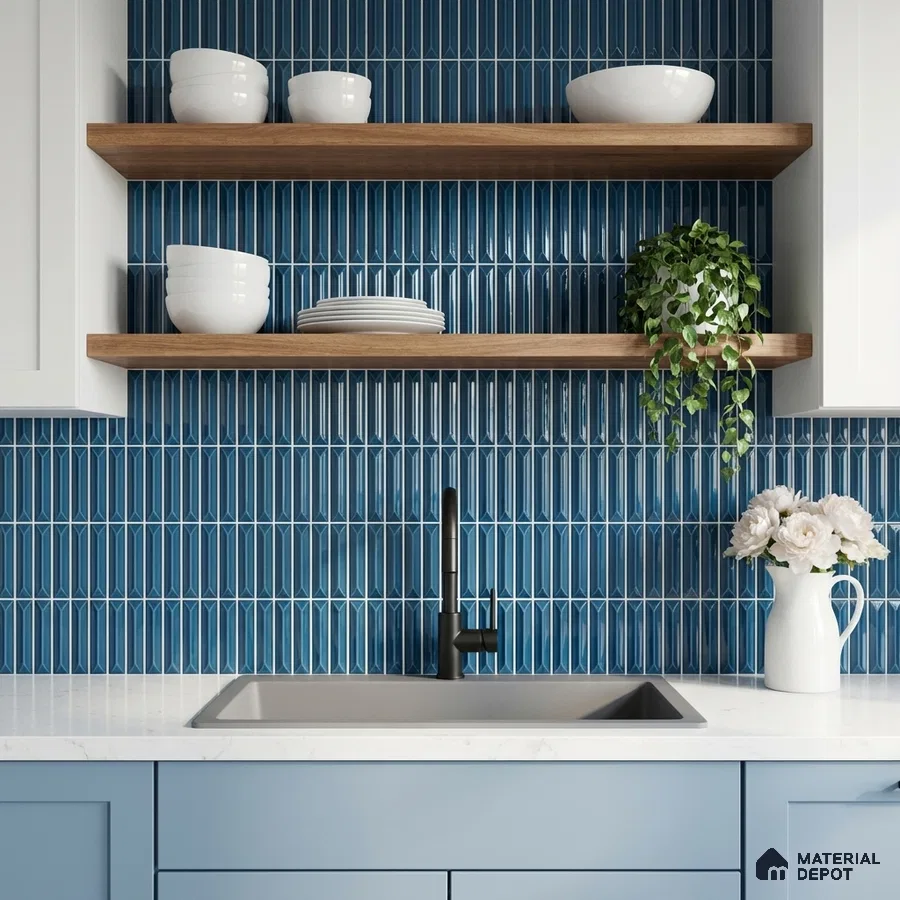 Modern kitchen with blue kitkat backsplash tile, white quartz countertop, and light blue laminate cabinets
