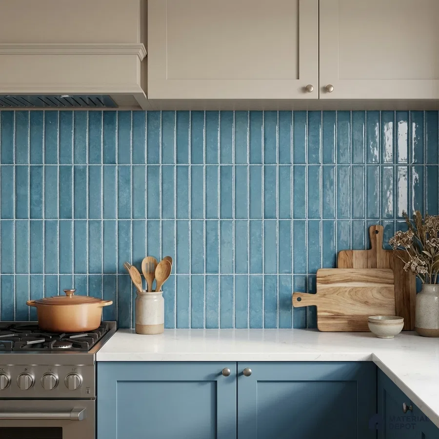 Modern kitchen with blue kitkat subway backsplash tile and white quartz countertop