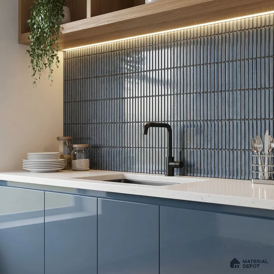 Modern kitchen with blue kitkat subway backsplash tile, glossy blue laminate cabinets, and white quartz countertop