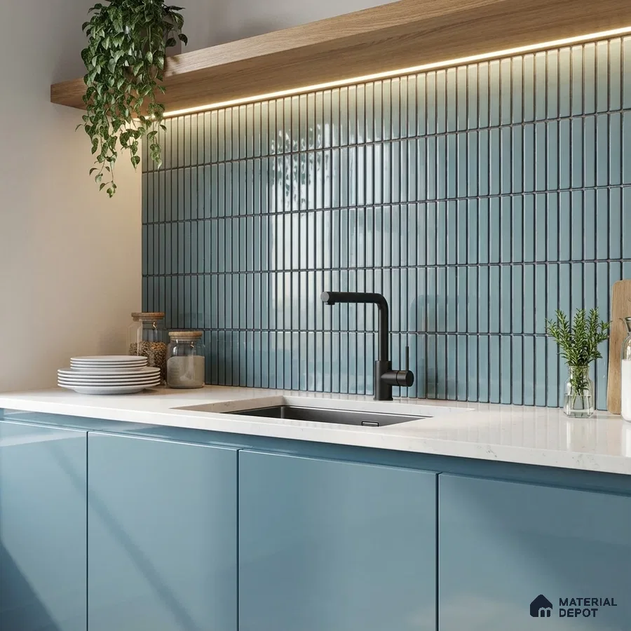 Modern kitchen with blue kitkat subway backsplash tile, glossy blue laminate cabinets, and white quartz countertop