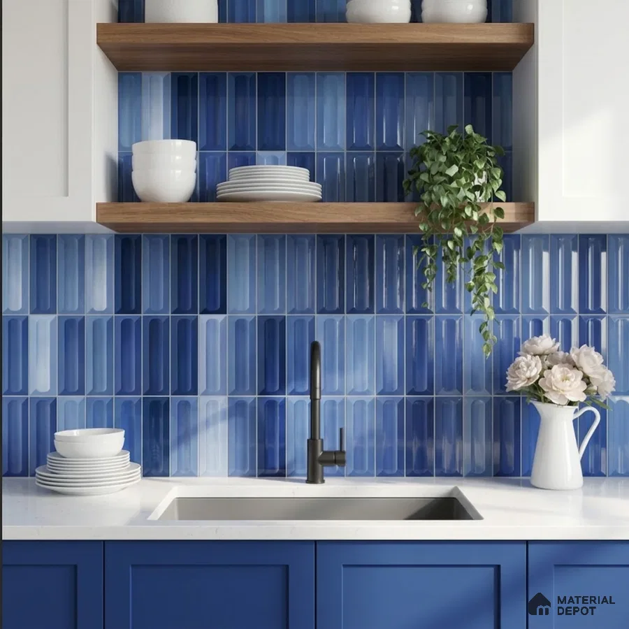 Modern kitchen with blue kitkat subway backsplash tile, white quartz countertop, and blue laminate cabinets