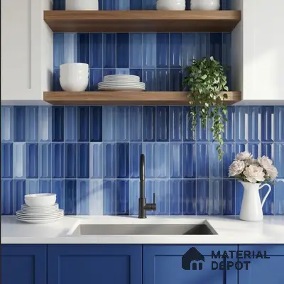 Modern kitchen with blue kitkat subway backsplash tile, white quartz countertop, and blue laminate cabinets