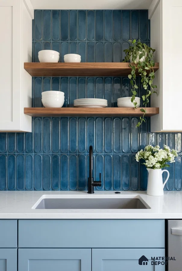 Modern kitchen with blue kitkat subway wall tiles, white quartz countertop, and light blue laminate cabinets