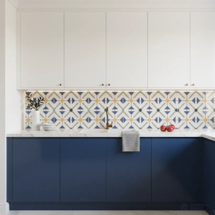 Modern kitchen with blue laminate base cabinets, white laminate wall cabinets, and geometric patterned backsplash tiles in Bengaluru