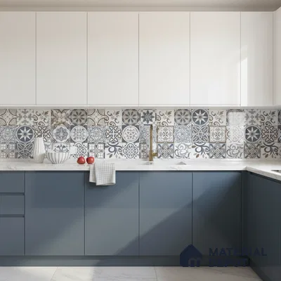 Modern kitchen with blue laminate base cabinets, white laminate wall cabinets, and patterned moroccan backsplash tiles in Bengaluru