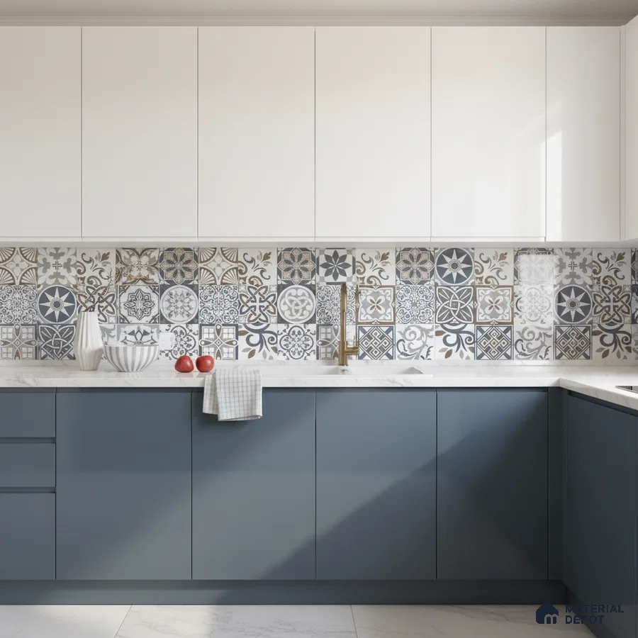 Modern kitchen with blue laminate base cabinets, white laminate wall cabinets, and patterned moroccan backsplash tiles in Bengaluru
