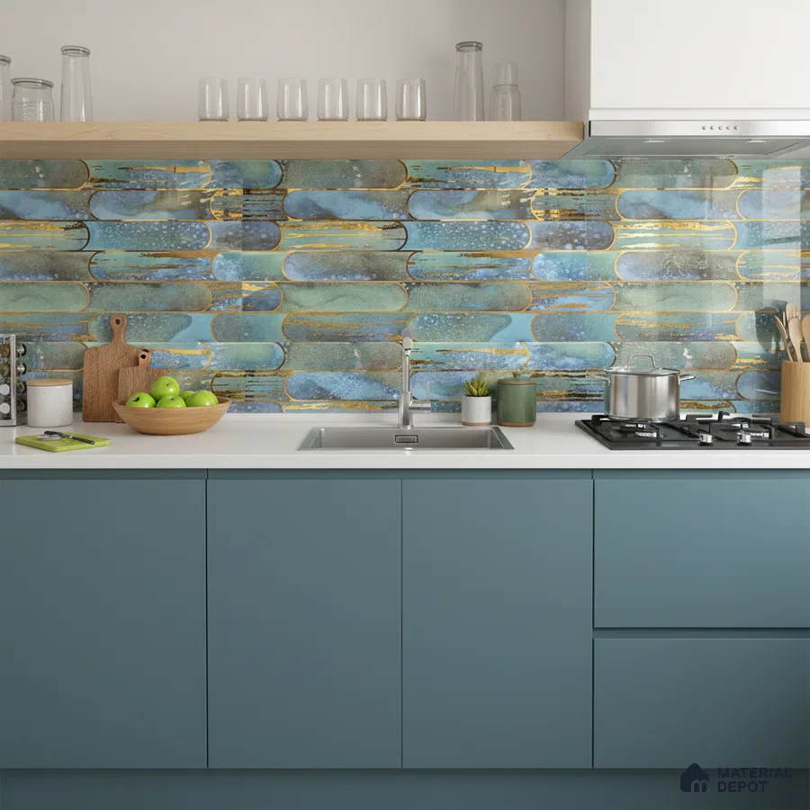 Modern kitchen with blue laminate cabinets and blue-green popsicle backsplash tiles