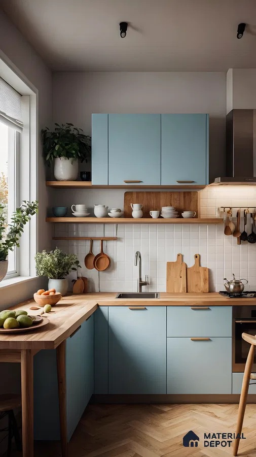 Modern Kitchen With Blue Laminate Cabinets And Wooden Accents | Material Depot