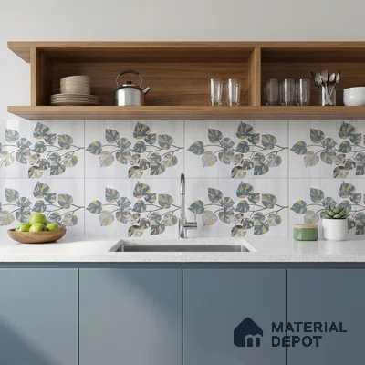 Modern kitchen with blue laminate cabinets, floral patterned backsplash tiles, and white quartz countertop
